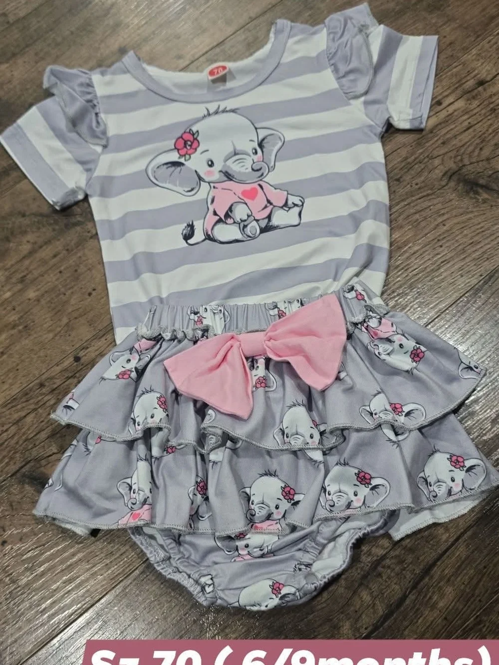 Baby Girls Pink & Gray Elephant Bow Matching Set Sz 6/9 Months